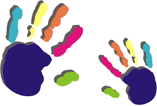 Zwei farbenfrohe Handabdrücke, möglicherweise in Kindergröße, auf weißem Hintergrund.