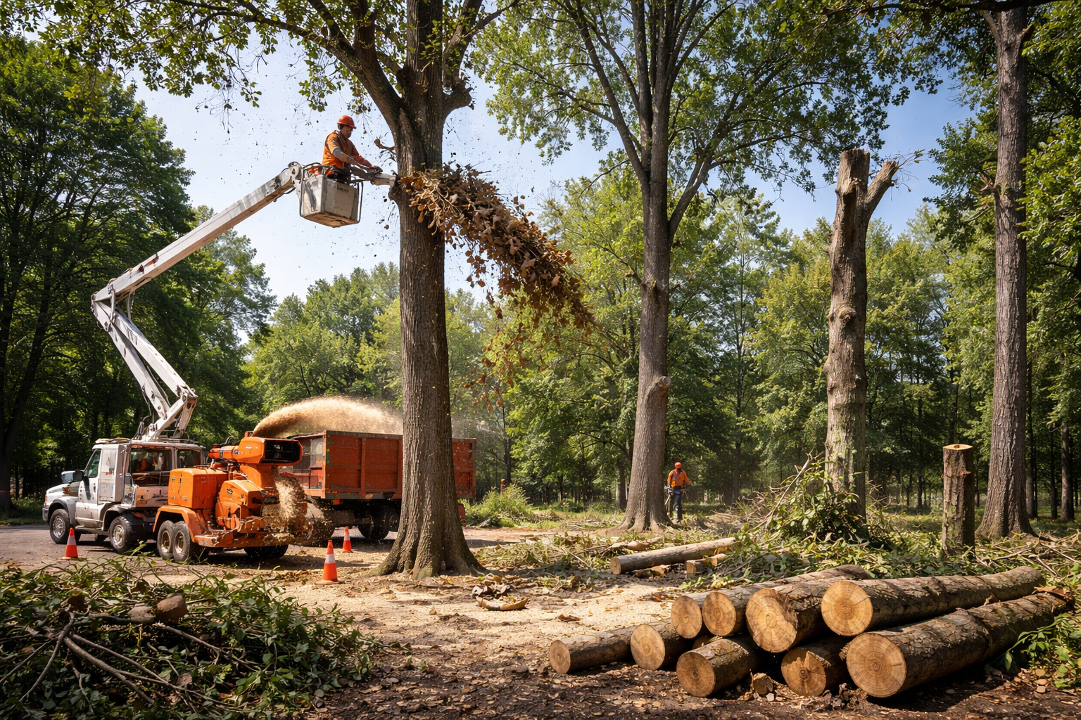 Travaux d'abattage d'arbres en cours : tronçonneuse, grue et camion dans une rue de banlieue.