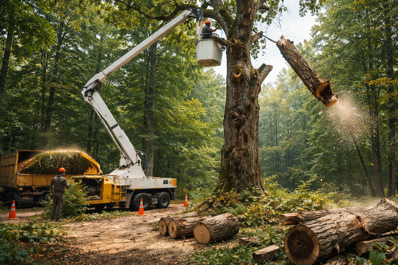 Services d'entretien d'arbres : ouvrier dans l'arbre, nacelle élévatrice.