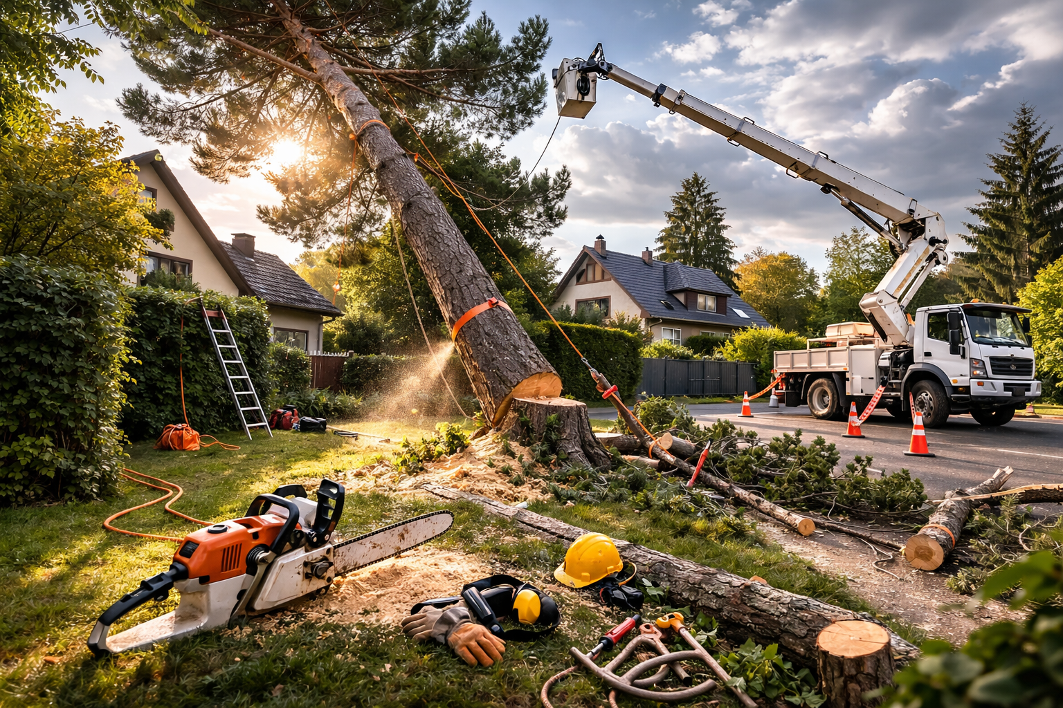 Travaux d'abattage d'arbres en cours : tronçonneuse, grue et camion dans une rue de banlieue.