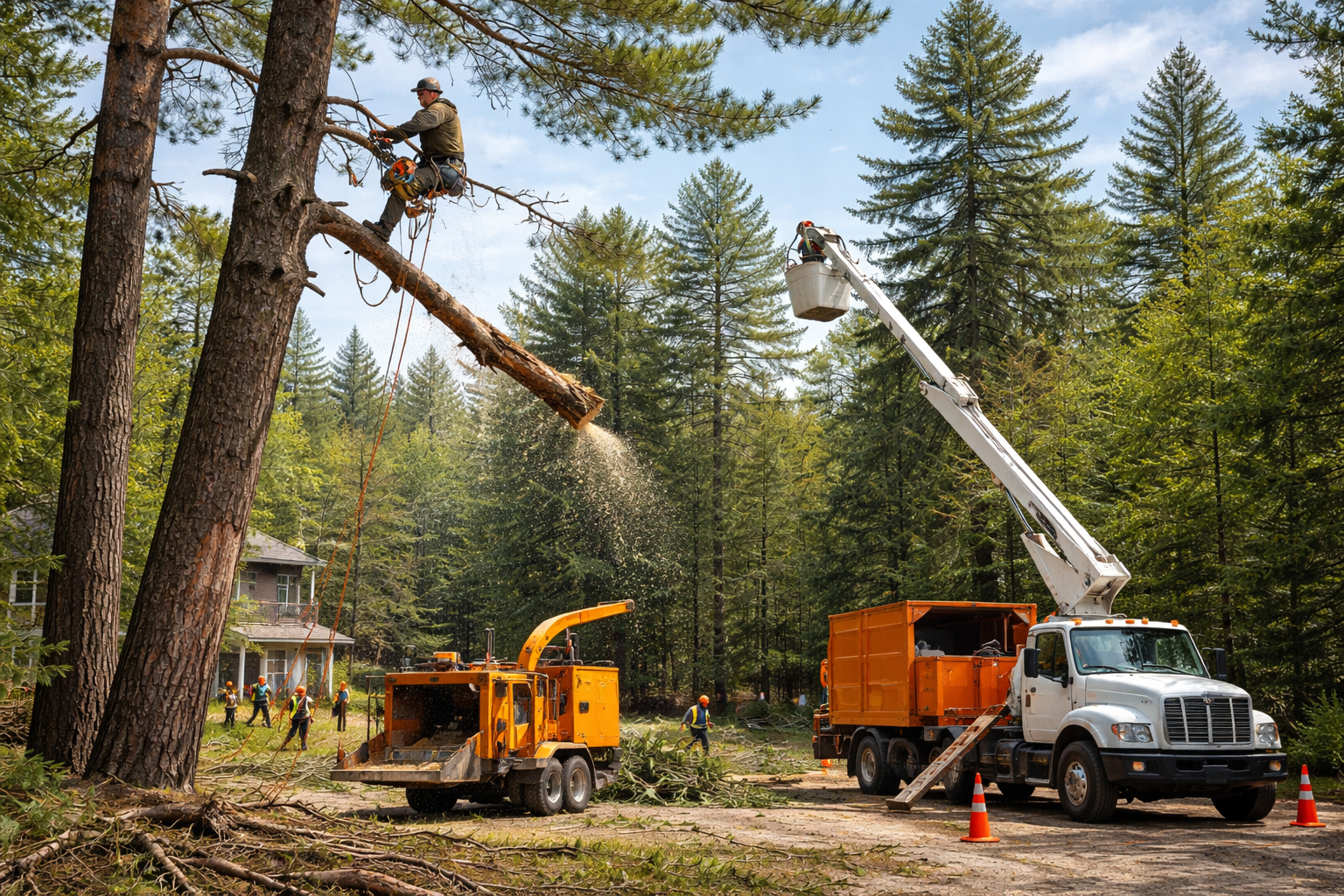 Services d'entretien d'arbres : ouvrier dans l'arbre, nacelle élévatrice.