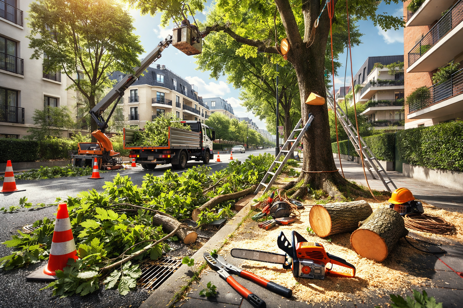 Services d'entretien d'arbres : ouvrier dans l'arbre, nacelle élévatrice.