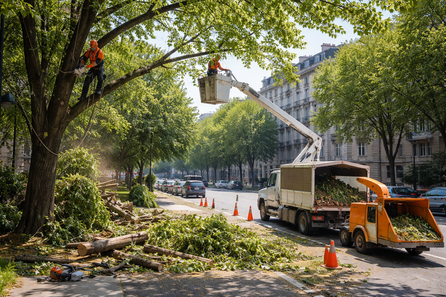 Travaux d'abattage d'arbres en cours : tronçonneuse, grue et camion dans une rue de banlieue.