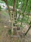 Ein Baumhaus mit einer Treppe, die im Wald nach oben führt.