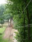 Ein Hochseilgarten mitten in einem Wald, umgeben von Bäumen.