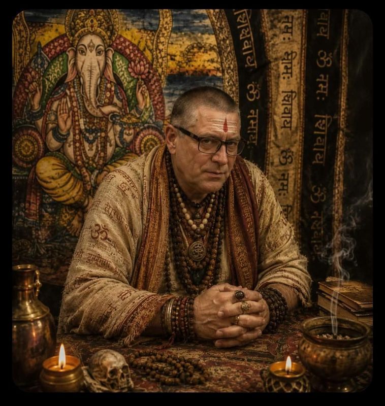 Un homme est assis devant un autel de prière avec des bougies, un chapelet et une fresque représentant une divinité hindoue en arrière-plan.