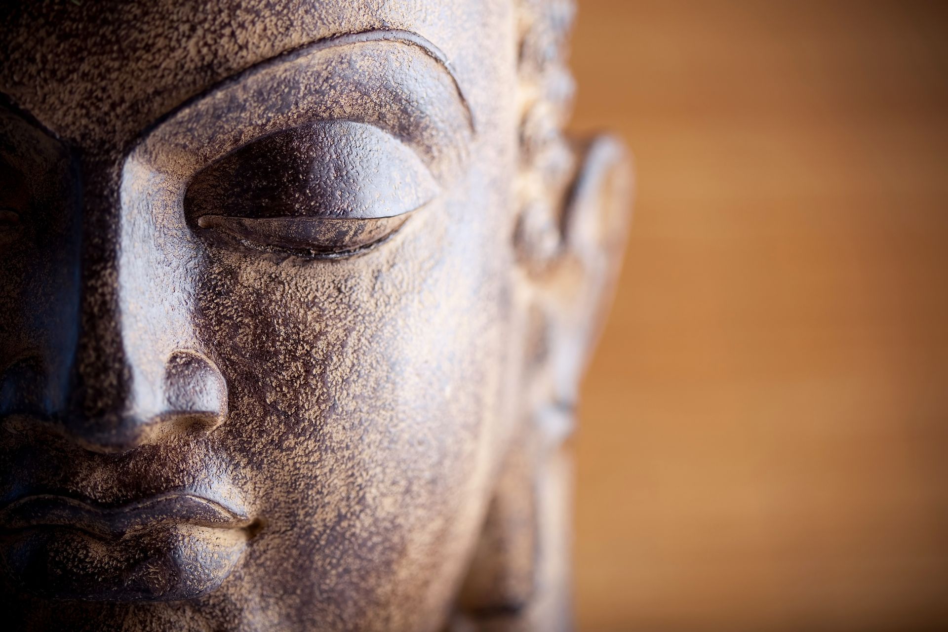 Gros plan sur une statue de Bouddha en bronze se détachant sur un fond flou aux tons chauds.