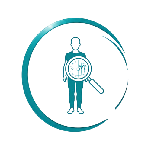 Silhouette d'une personne à l'intérieur d'une loupe et d'un cercle, évoquant le bilan postural.