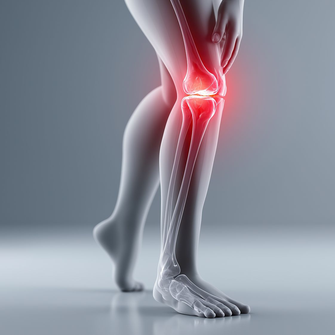 L'articulation du genou, mise en évidence en rouge sur la jambe, indique une douleur ou une inflammation en position debout.
