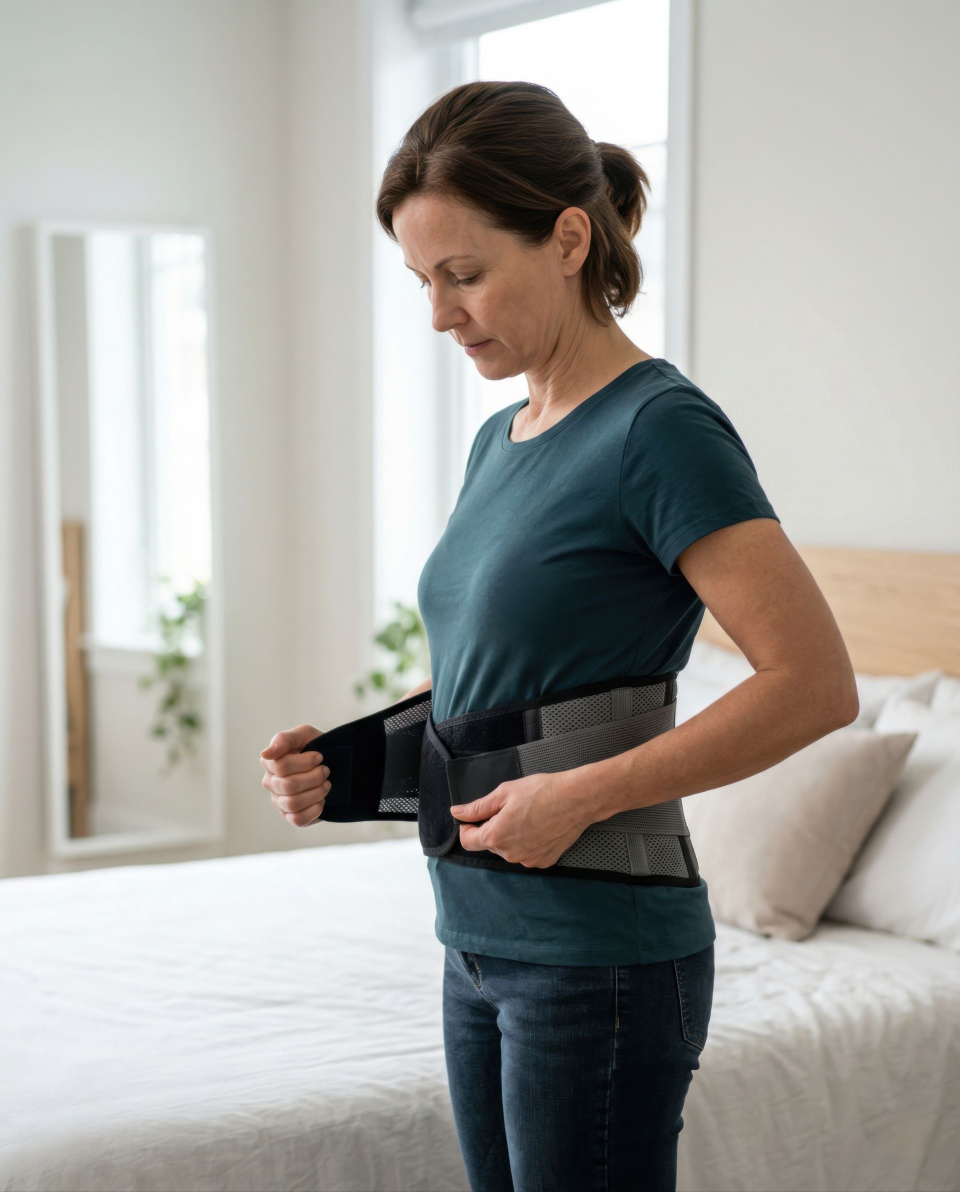 Une femme ajuste une ceinture de soutien lombaire noire dans une chambre.