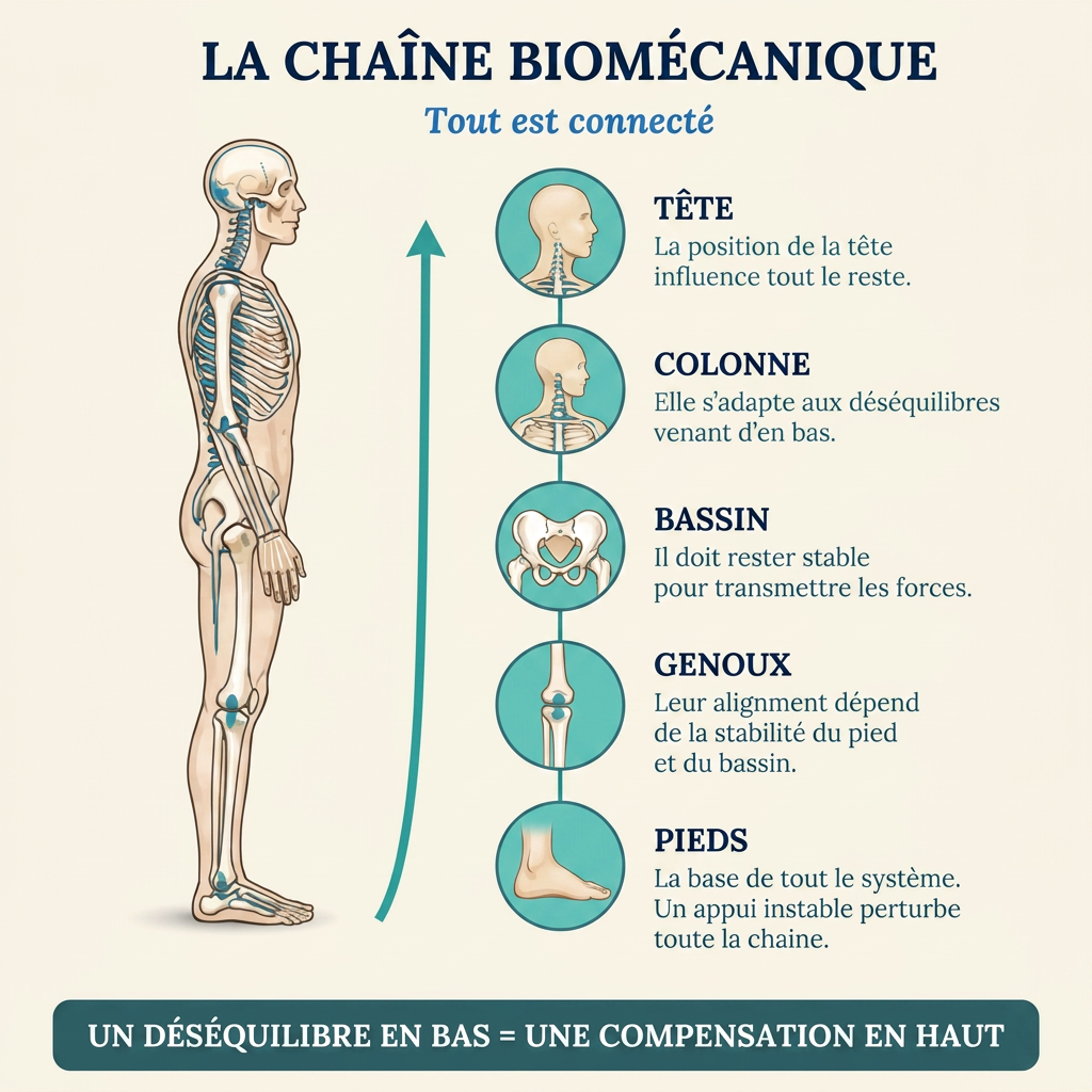 Infographie de la chaîne biomécanique montrant le squelette et les segments corporels étiquetés avec des flèches.