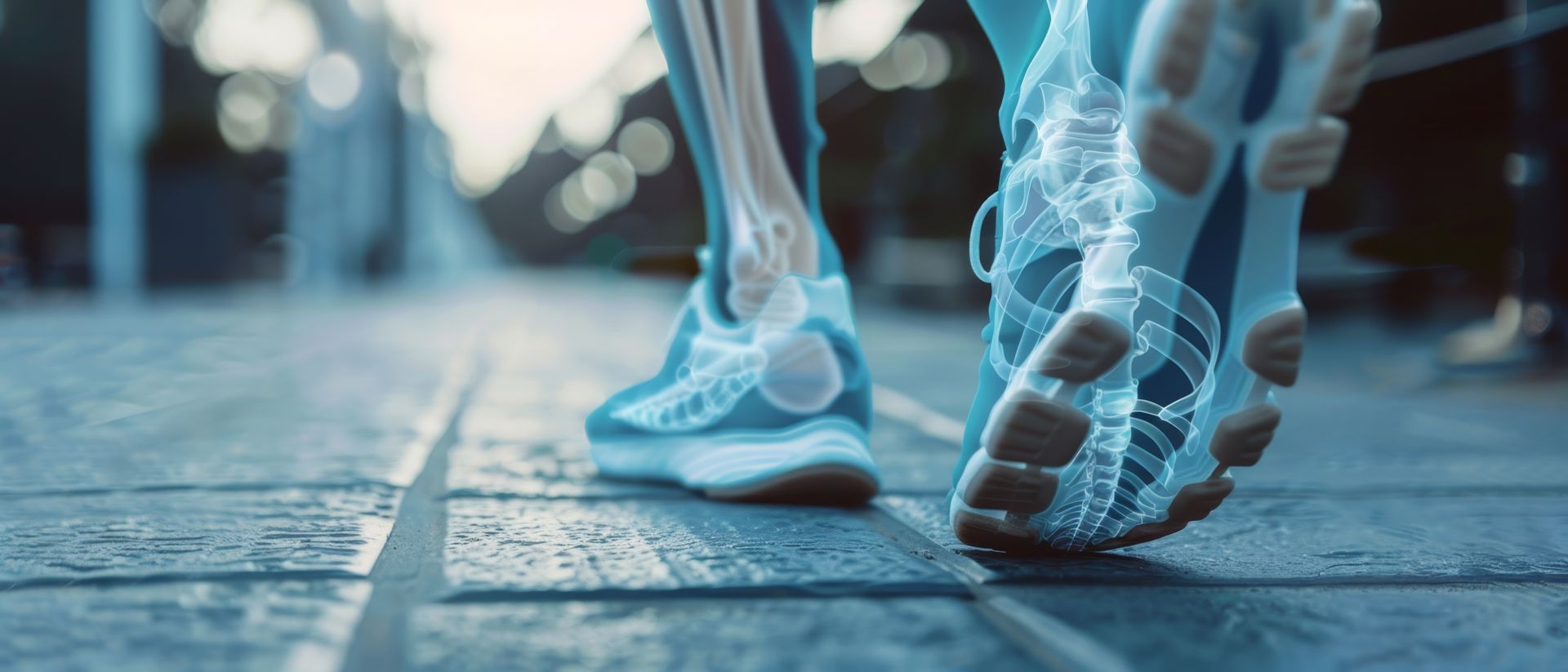 Gros plan sur des chaussures de coureurs et visuel radiographique montrant le système osseux