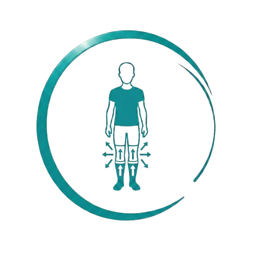 Silhouette avec des flèches autour des genoux et des chevilles, indiquant des problèmes de circulation veineuse.