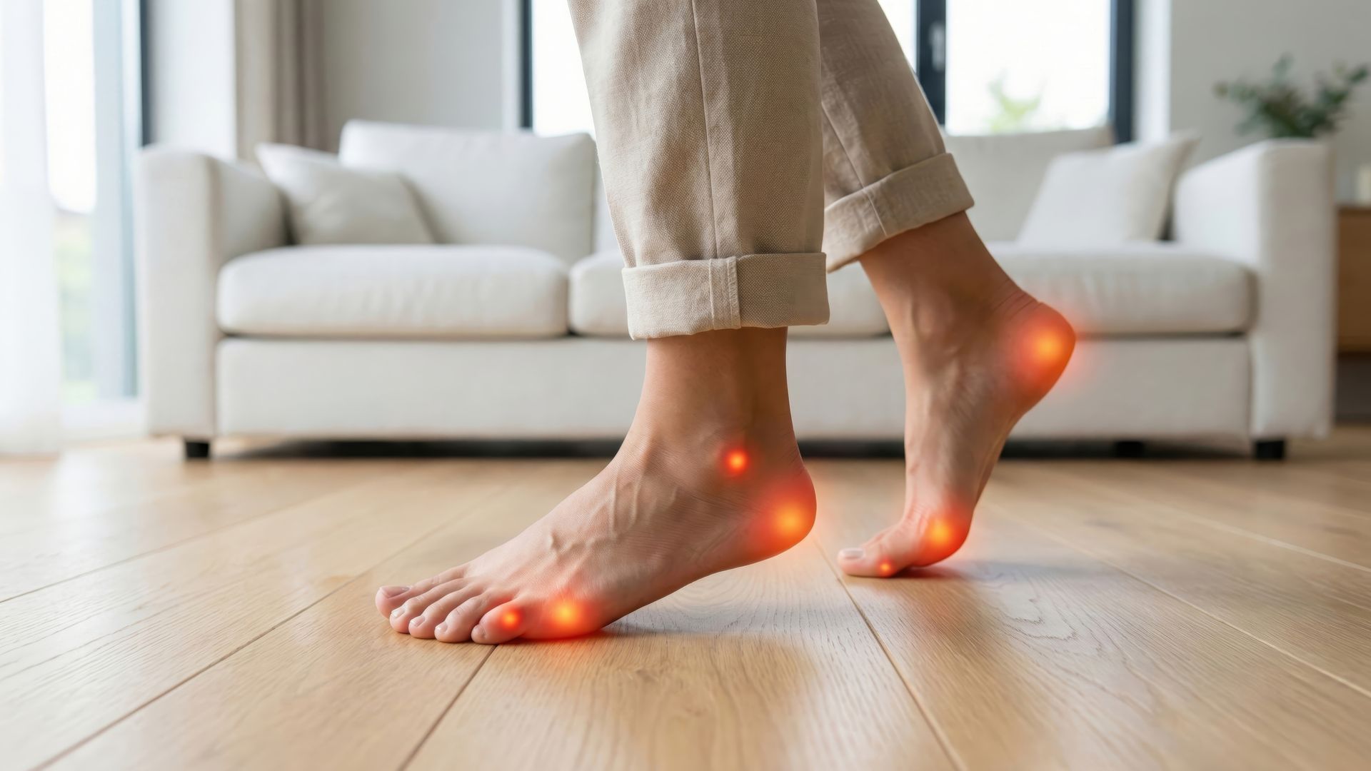 Pieds nus, points douloureux et lumineux, marchant sur le parquet d'un salon
