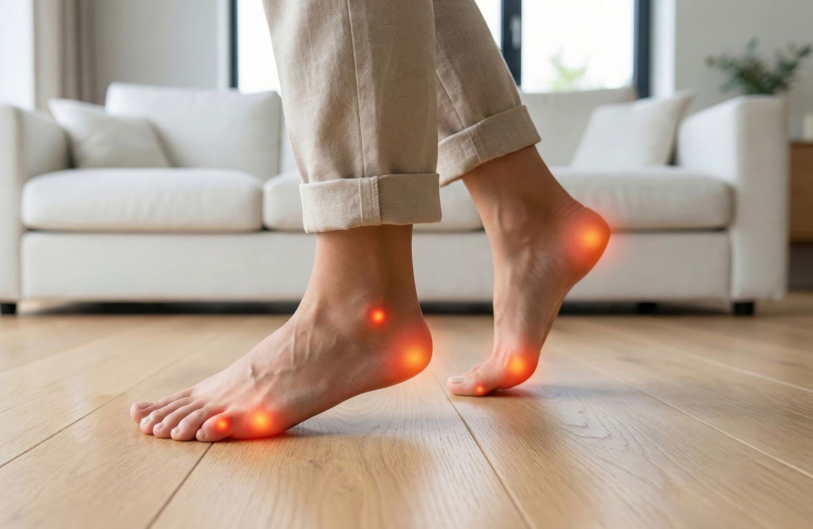 Pieds nus sur un plancher en bois, avec des points de douleur rouges et incandescents aux talons et aux voûtes plantaires.