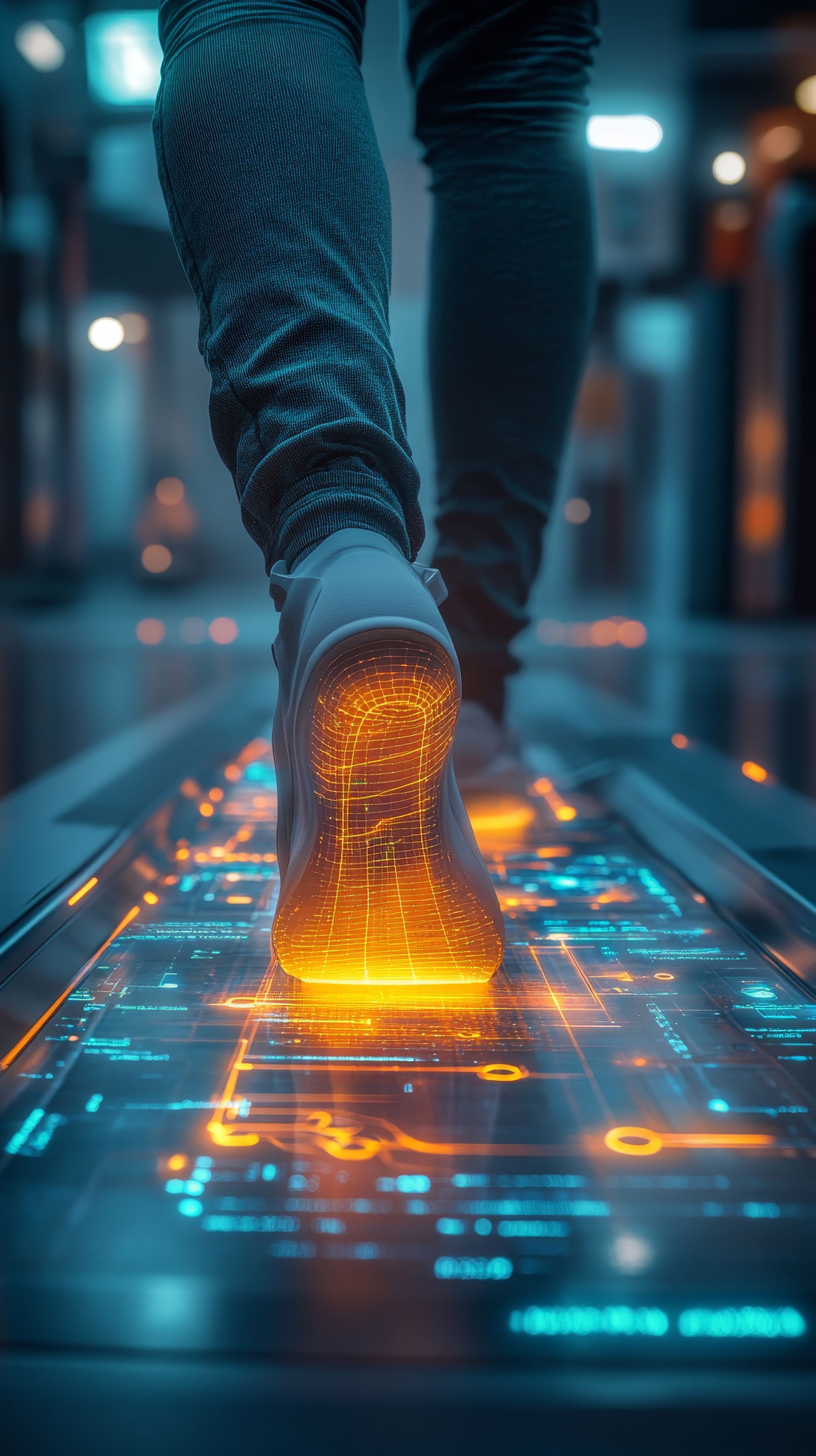 Personne marchant sur un chemin numérique lumineux dans une ville futuriste la nuit