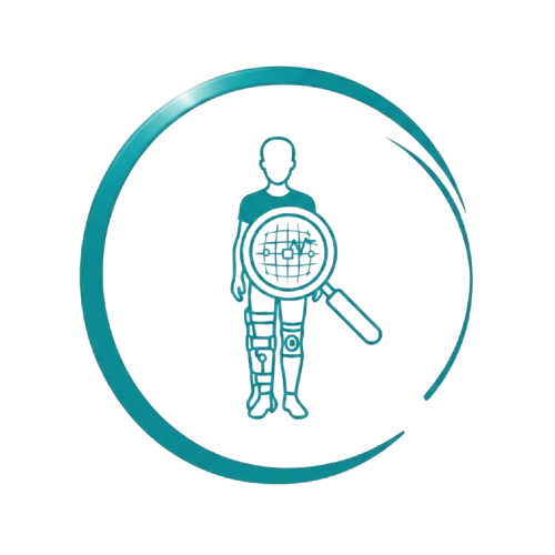 Icône turquoise représentant une personne avec une loupe, entourée d'une bordure circulaire.