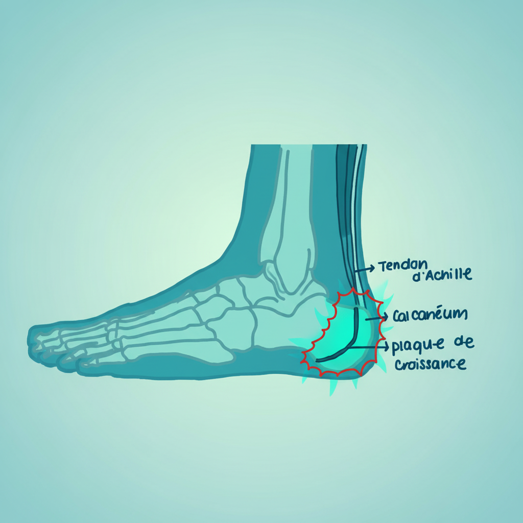 Vue latérale annotée d'un pied et d'une cheville mettant en évidence le tendon d'Achille et l'apophyse calcanéenne.