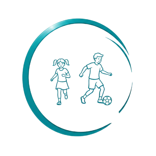 Logo circulaire avec le contour de deux enfants jouant au football sur fond blanc