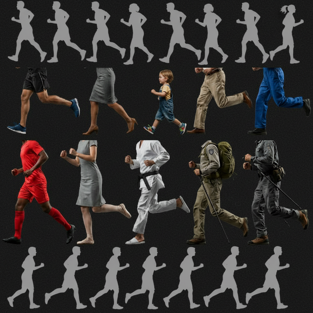 Montage de personnes marchant de profil, montrant différent styles de chaussures et d'activités : course, marche, travail.