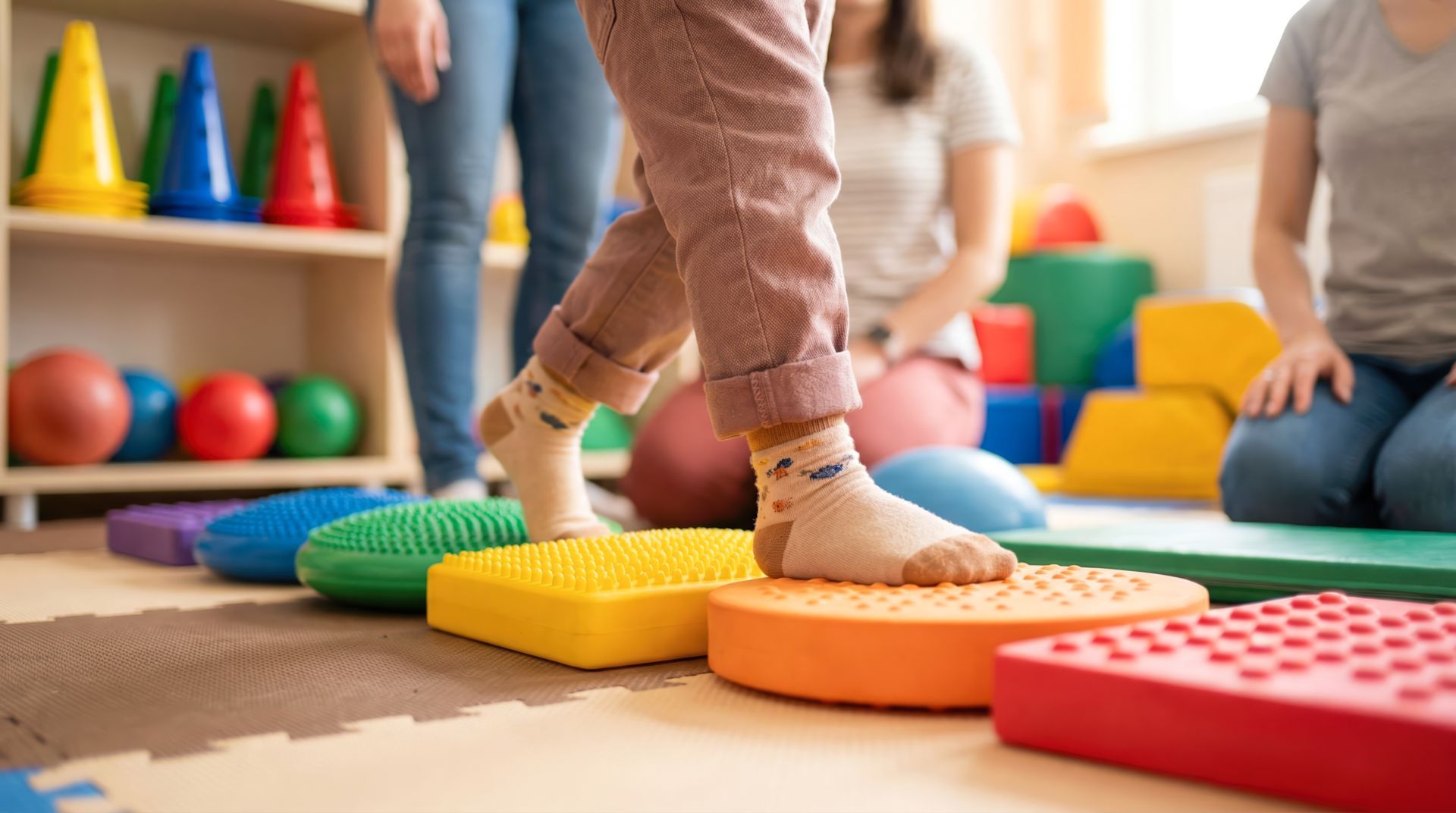 Un enfant marche sur des dalles de mousse colorées dans une salle de jeux, un adulte se trouvant à proximité.