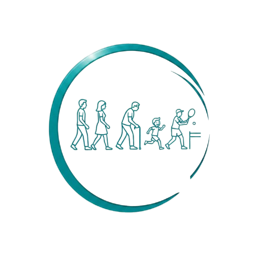 Silhouettes de personnes debout dont un joueur de tennis, un enfant qui court et un homme qui marche avec une canne