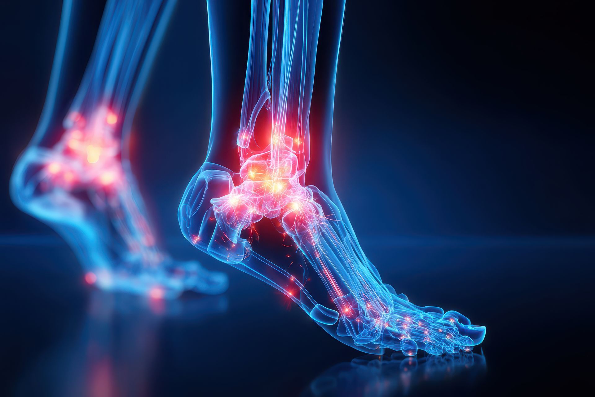 Pieds et chevilles de style radiographique avec des douleurs articulaires rougeoyantes sur fond sombre