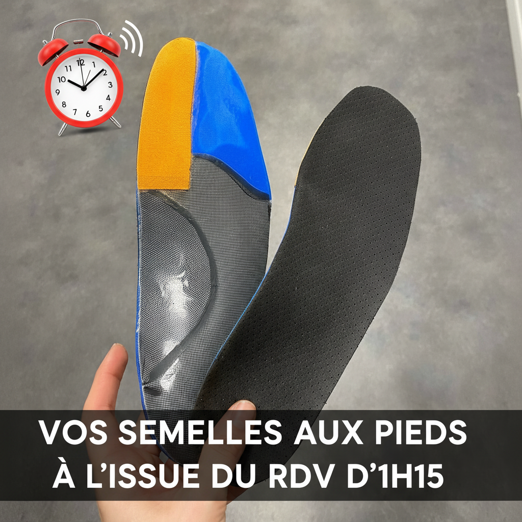 Semelles orthopédiques avec embouts sur mesure orange et bleu, texte : VOS SEMELLES AUX PIEDS À L’ISSUE DU RDV D’1H15