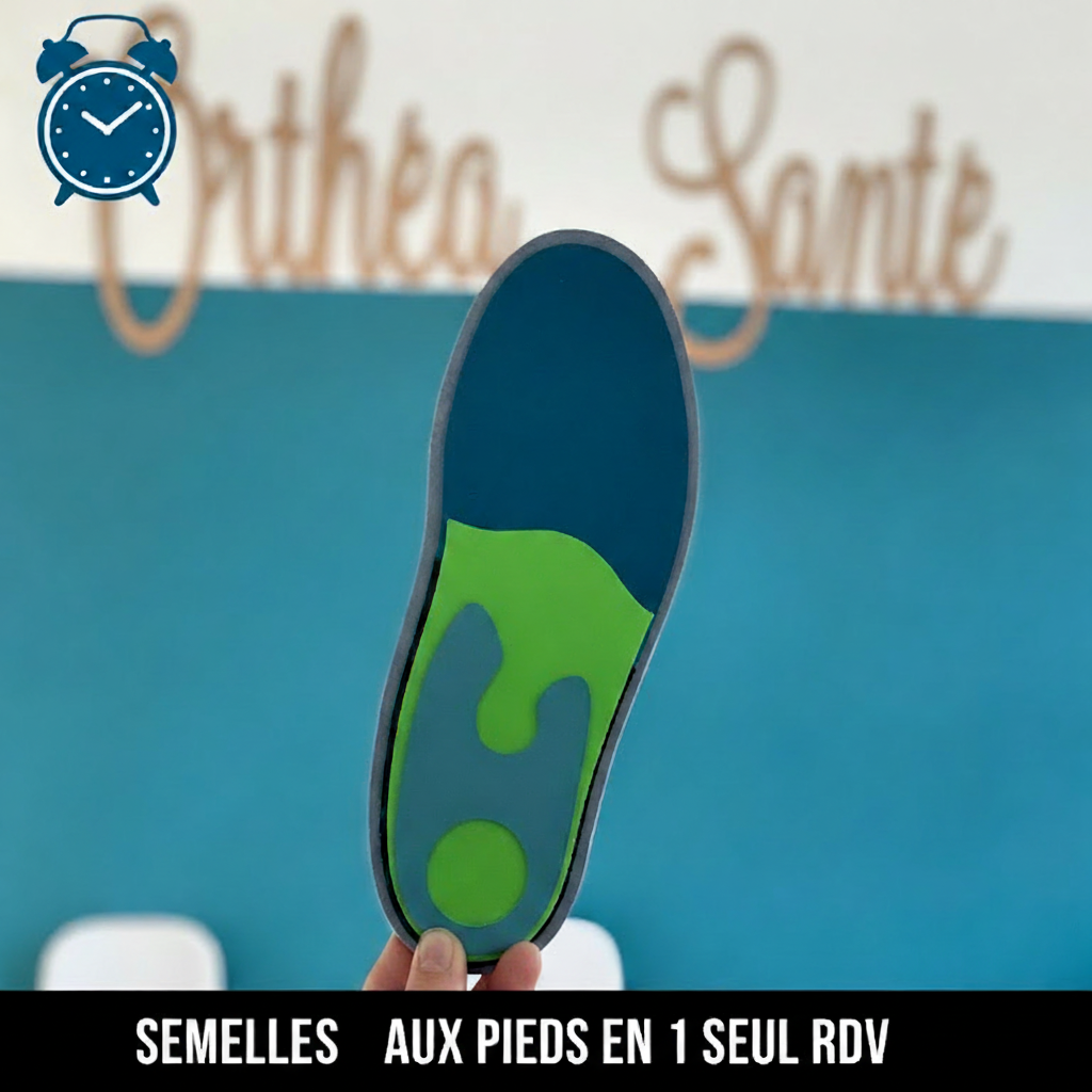 Semelle orthopédique bleue et verte sur fond turquoise avec texte en français et réveil