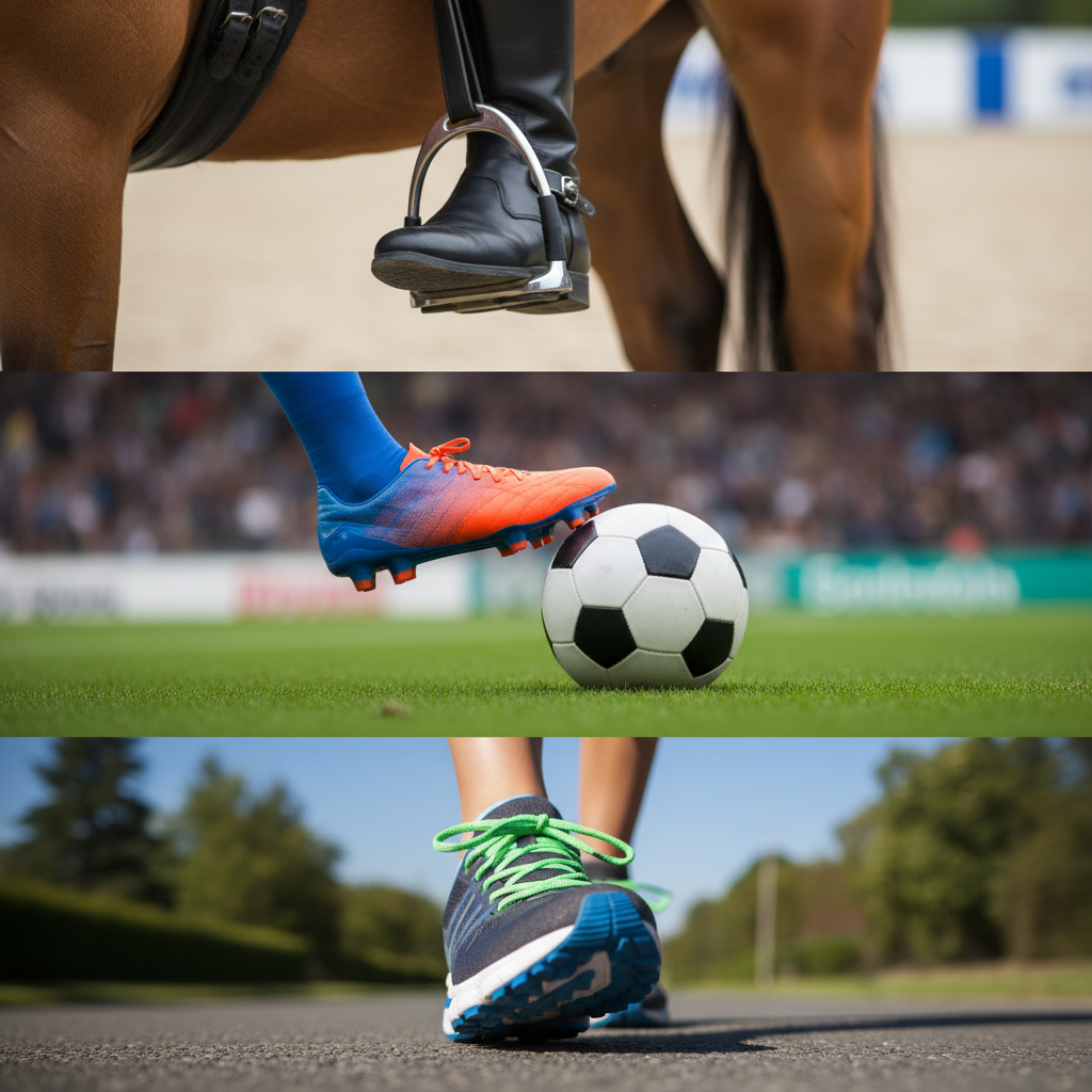 Collage de trois chaussures de sport : botte d’équitation, crampon de football sur un ballon et chaussures de course.