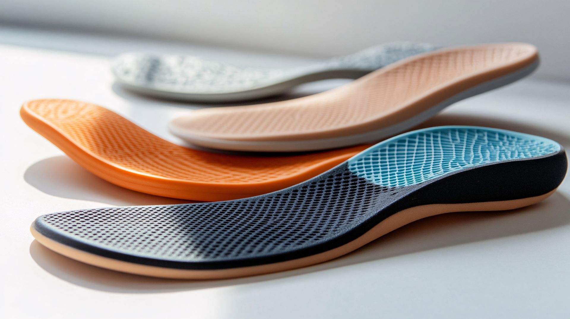 Empilement de semelles de chaussures de couleurs orange, beige, noir et bleu sur une surface blanche