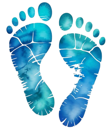 Empreintes de pieds à l'aquarelle bleue sur fond blanc