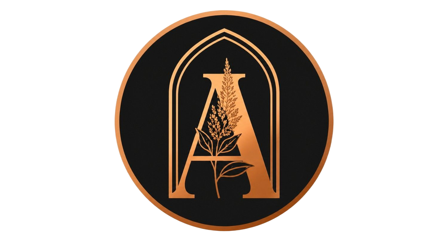 Logotipo circular negro con la letra A de color cobre y el dise&ntilde;o de una torre de antena en su interior.