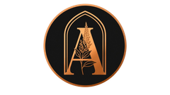 Logotipo circular negro con la letra A de color cobre y el dise&ntilde;o de una torre de antena en su interior.