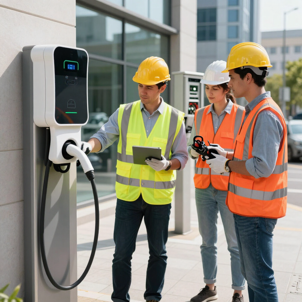 Tres técnicos con cascos inspeccionan una estación de carga pública para vehículos eléctricos ubicada en el exterior de un edificio.