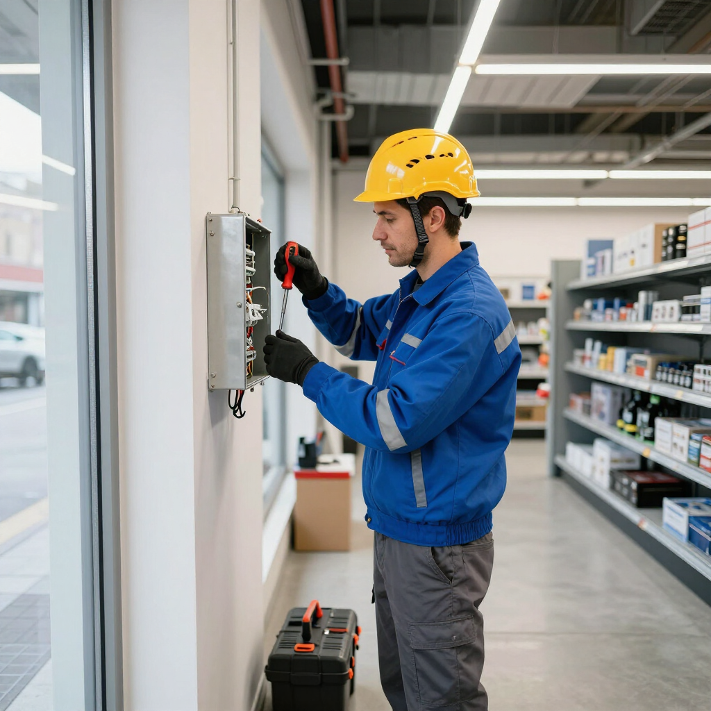 Un trabajador con uniforme azul y casco amarillo inspecciona un panel eléctrico en el pasillo de una tienda.