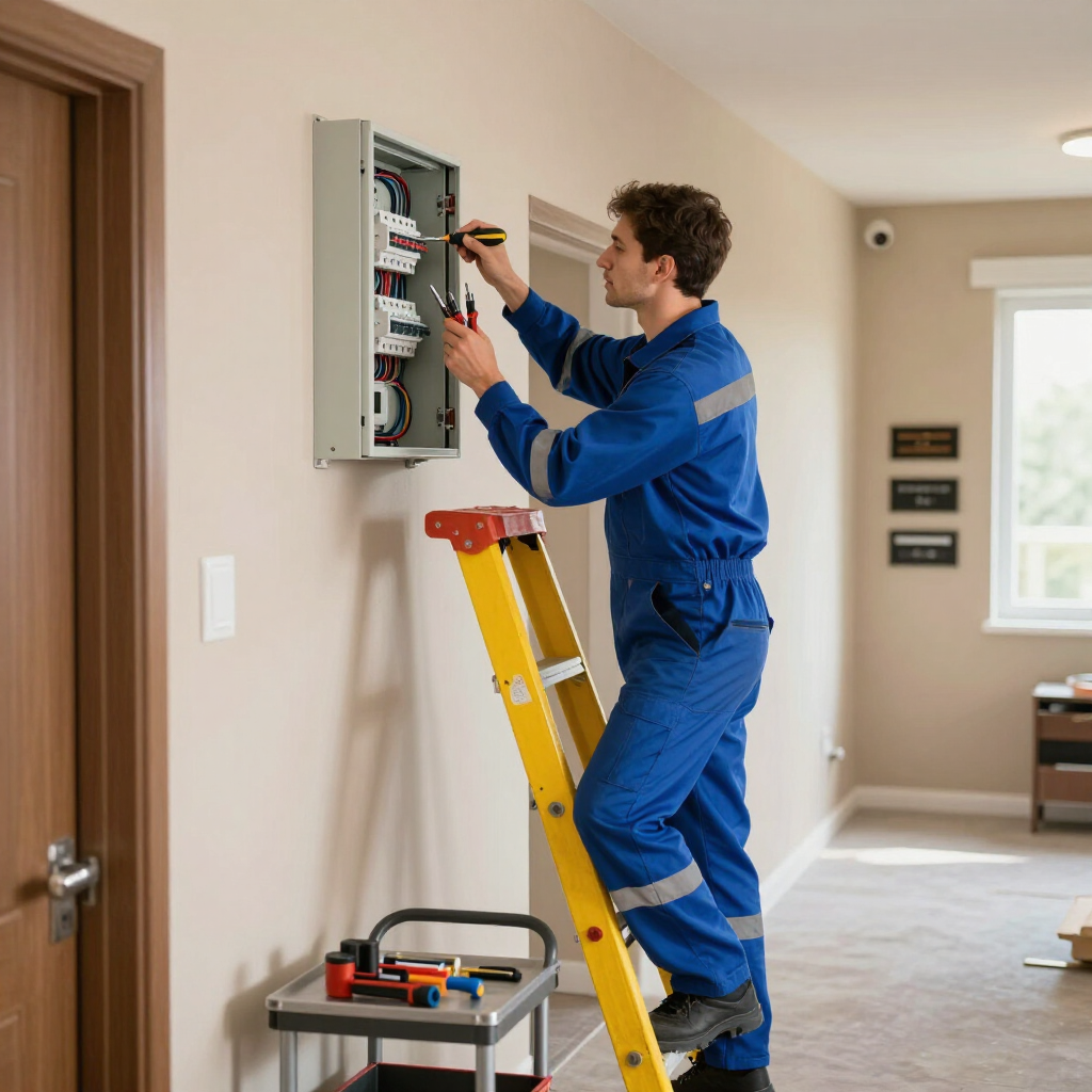 Técnico con mono azul reparando un panel eléctrico en el interior de una vivienda desde una escalera.