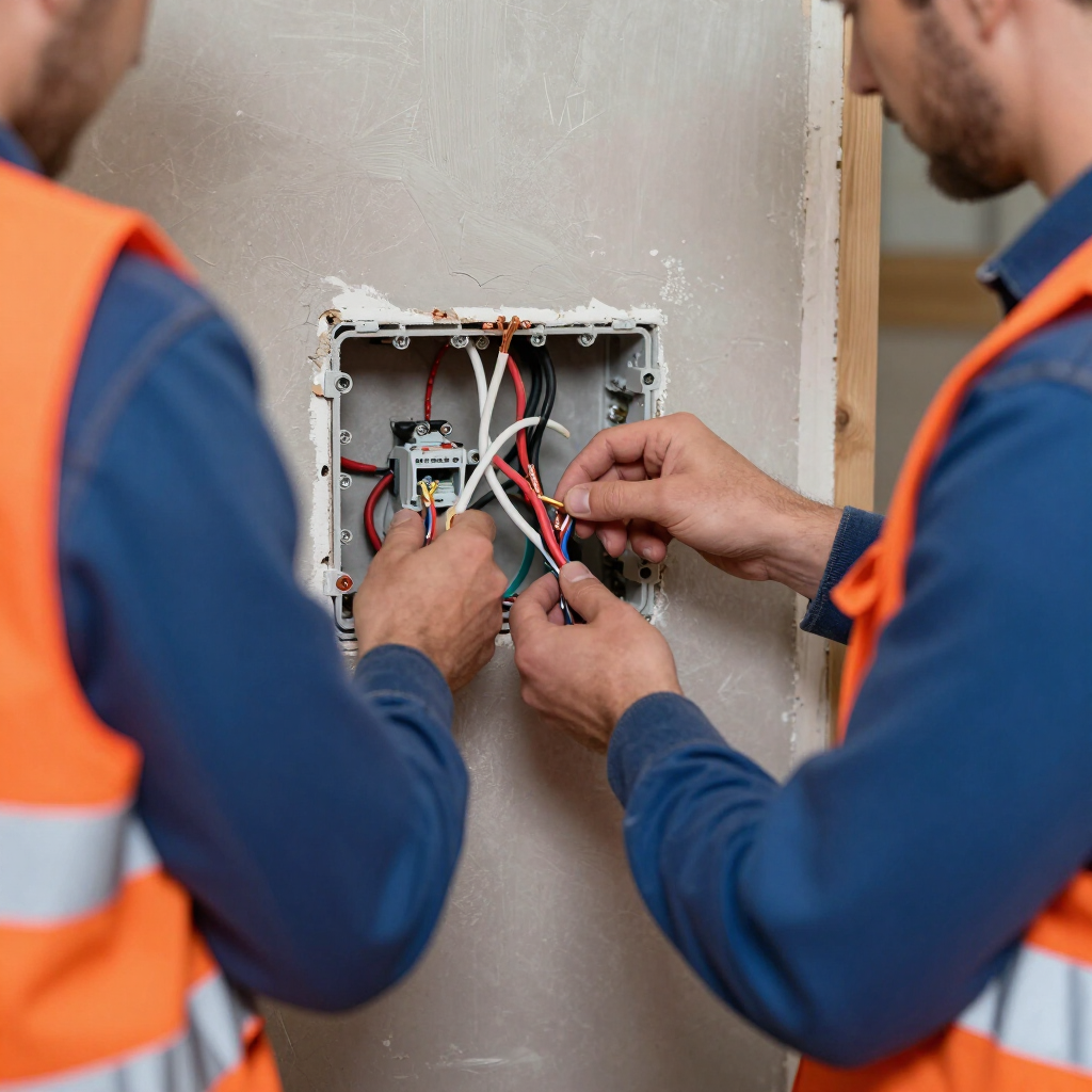 Dos electricistas con chalecos naranjas cableando una caja de conexiones abierta en la pared con cables de colores.
