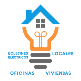 Logo de bombilla y casa en azul, naranja y gris con texto: boletines eléctricos, locales, oficinas, viviendas