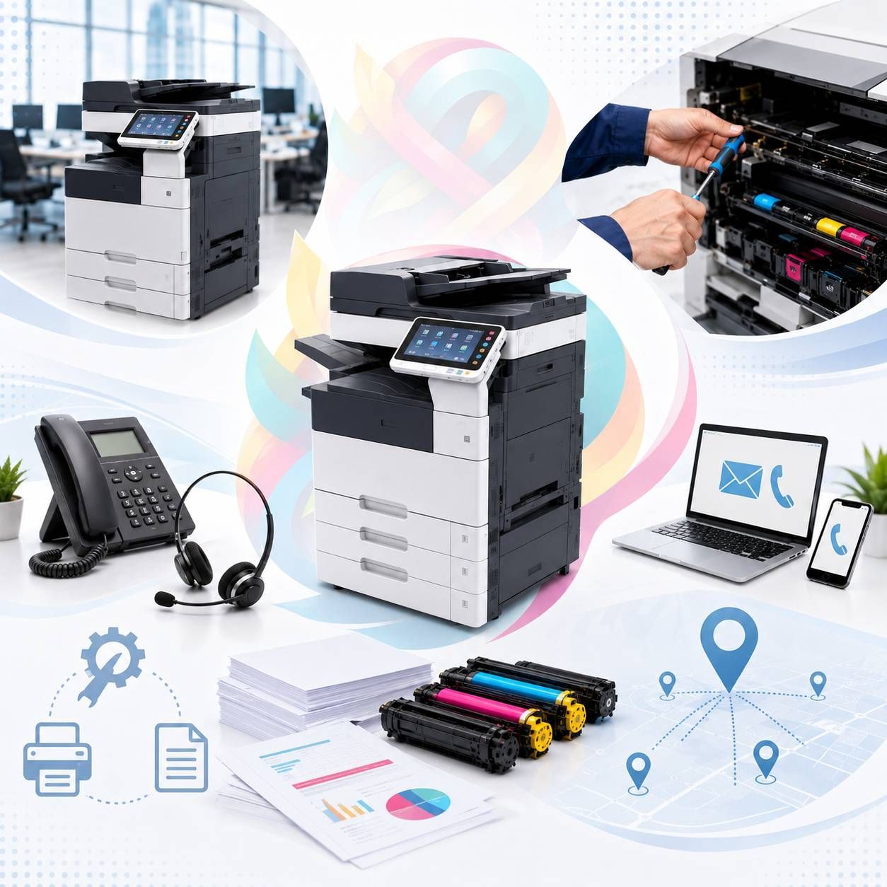 Collage de servicio de impresoras de oficina con copiadora, técnico, teléfono, computadora portátil y cartuchos de tinta.