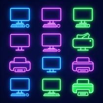 Iconos de contorno de neón de ordenadores de sobremesa e impresoras en azul, rosa y verde sobre un fondo oscuro.