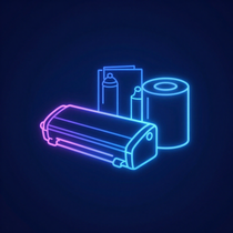 Contorno azul neón y rosa de baterías y componentes electrónicos cilíndricos sobre un fondo oscuro.