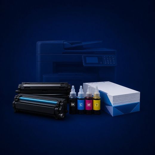 Suministros de tinta para impresora, cartuchos de tóner negro y hojas de papel sobre un fondo azul oscuro.