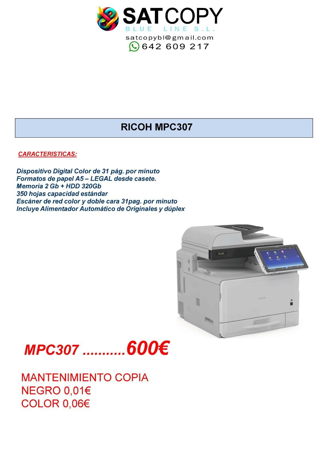 Anuncio de SATCOPY para la impresora multifunción Ricoh MPC307, con foto del producto y precio de 600€.