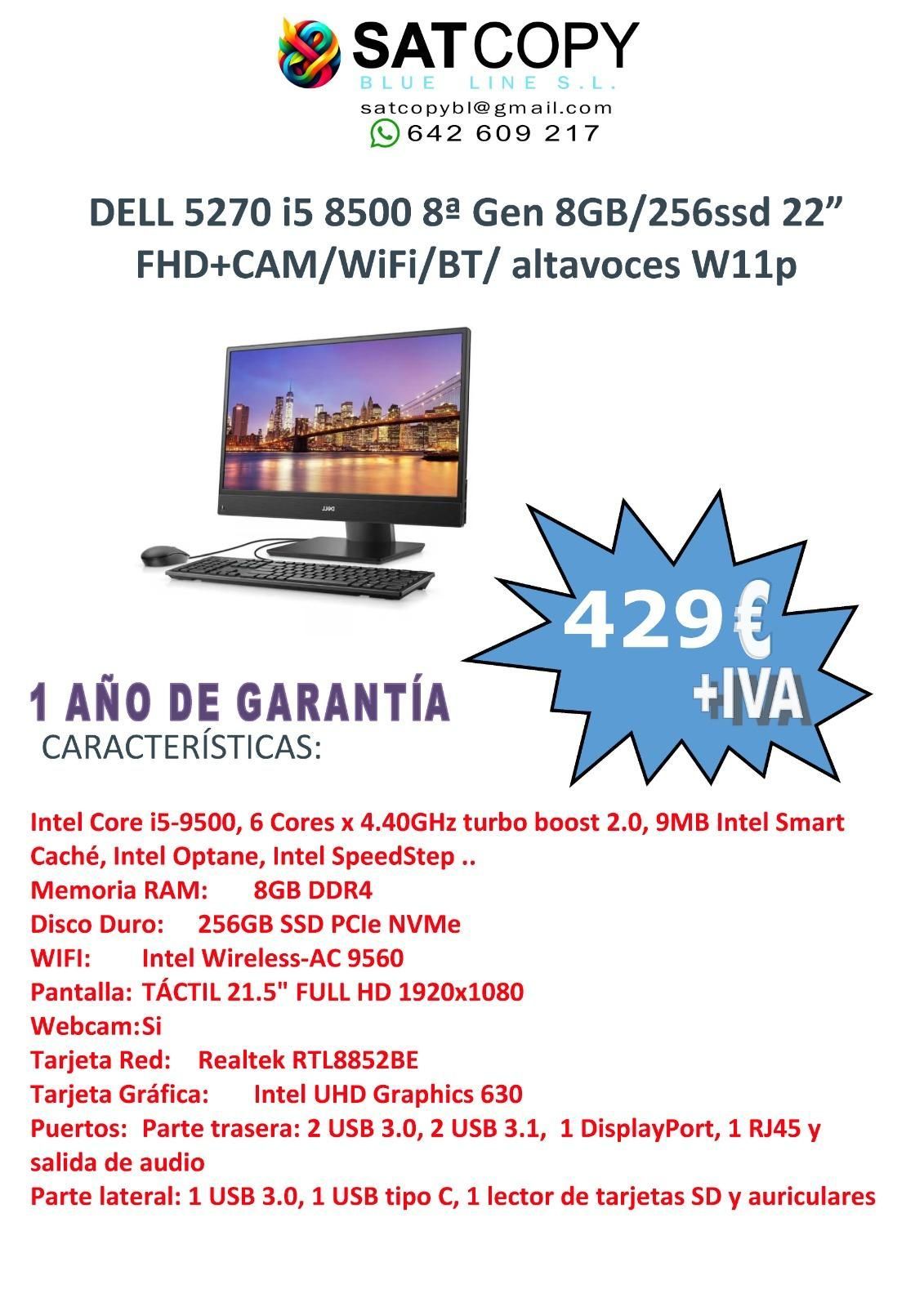 Anuncio de laptop Dell 5270 con precio 429€ + IVA y 1 año de garantía, sobre fondo blanco.