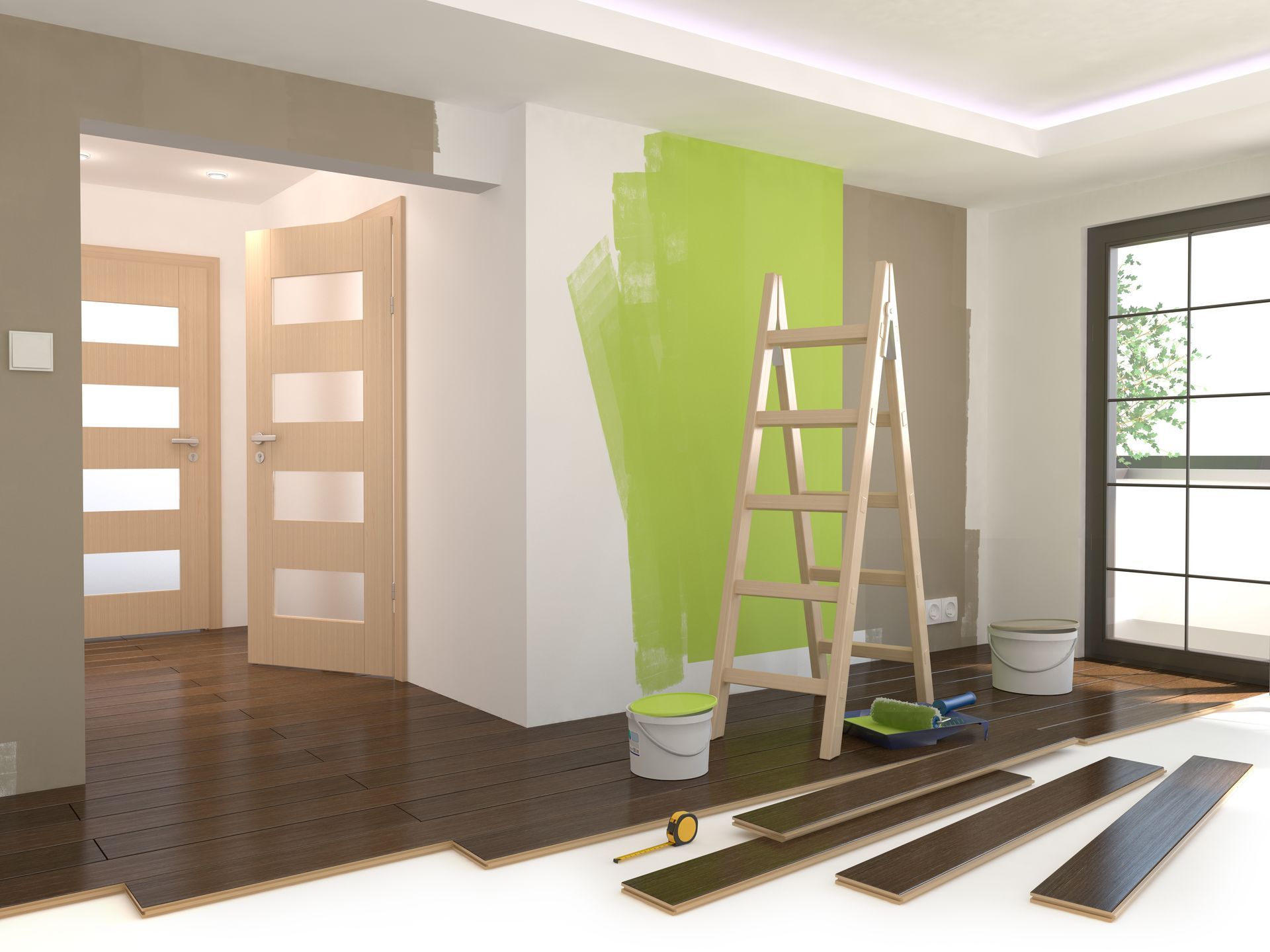 Intérieur de la pièce en cours de rénovation : peinture verte sur les murs, échelle et revêtement de sol.