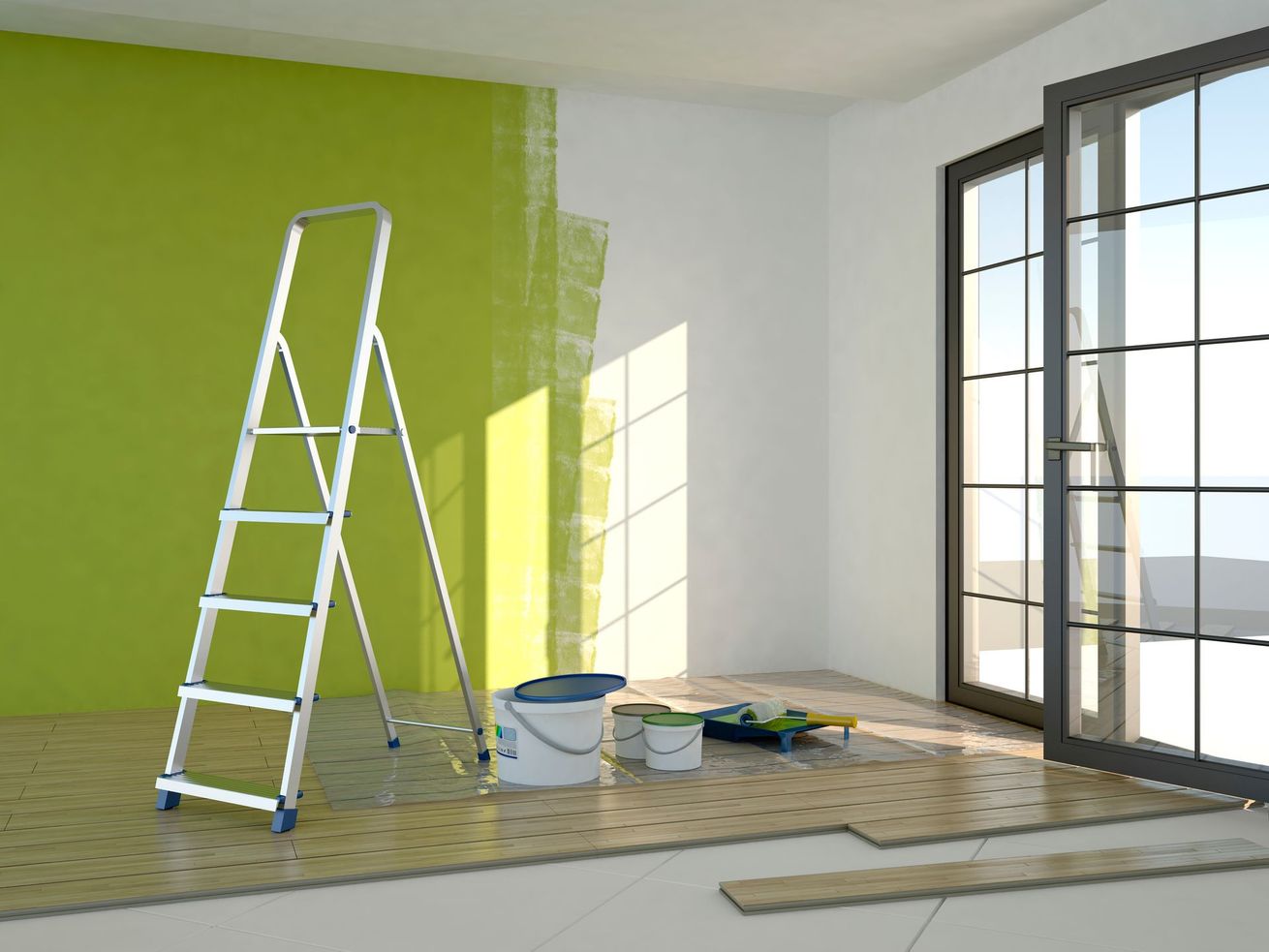 Intérieur de la pièce en rénovation : échelle, peinture et mur vert partiellement peint.