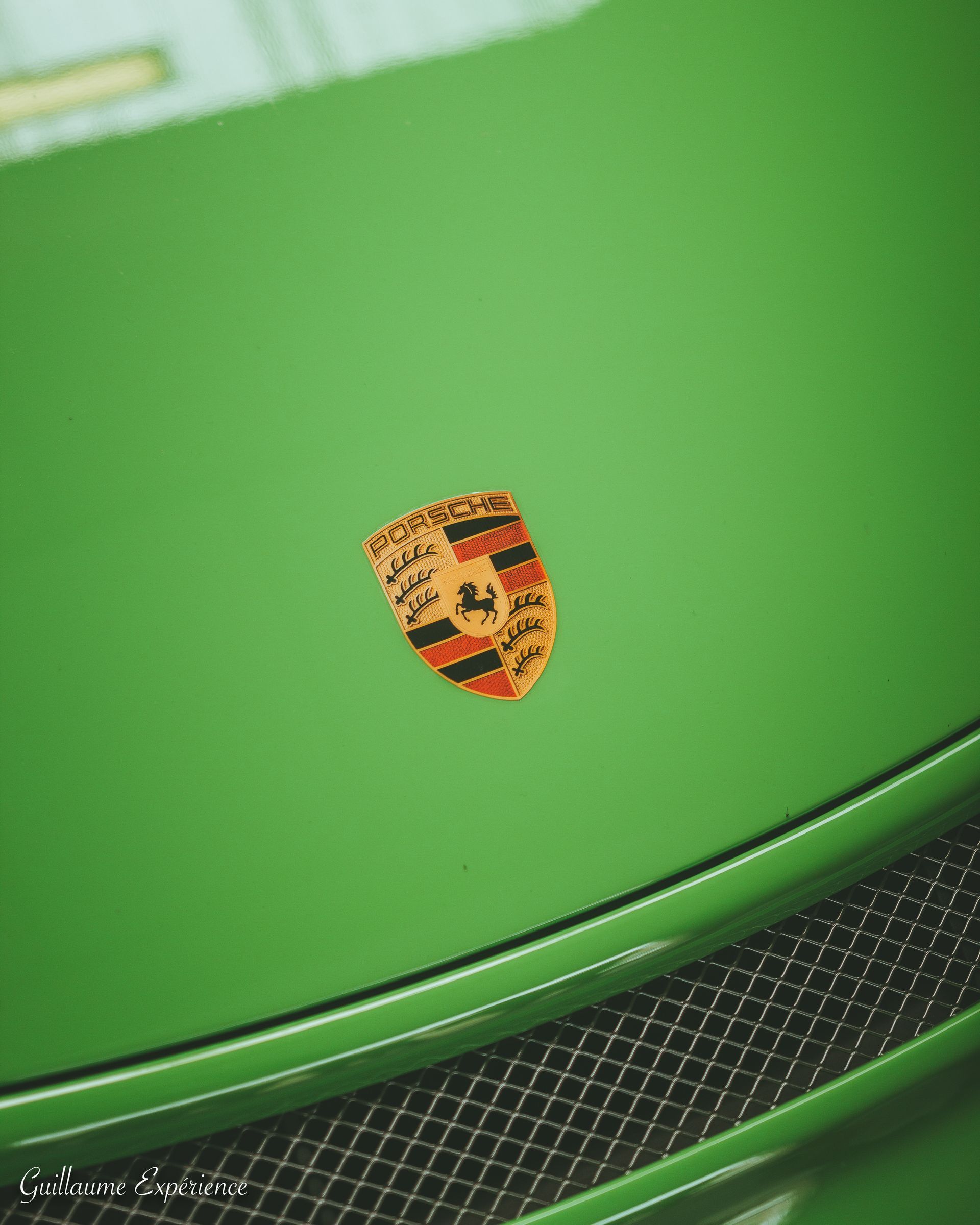 Capot Porsche vert avec emblème ; calandre noire visible.