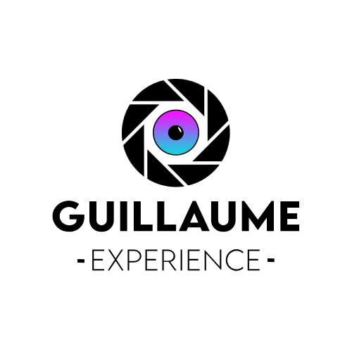 Logo : Objectif obturateur noir avec un iris dégradé, sur le texte « GUILLAUME - EXPERIENCE - ».