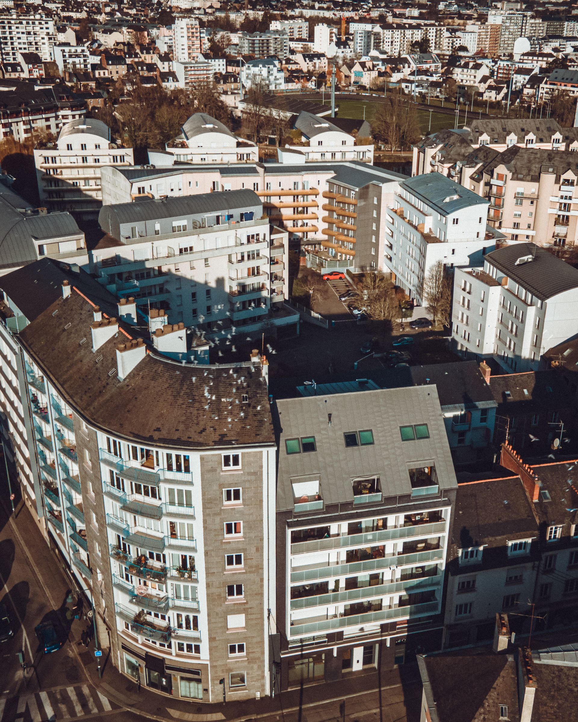 Vue plongeante de bâtiments urbains. Bâtiments gris et blancs avec des arbres et un parc en arrière-plan.
